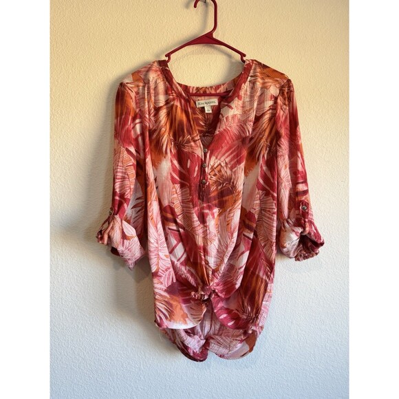 Kim Rogers Women's Pink Hawaiian Banana Leaf Henley Blouse Roll Tab Large - Picture 1 of 9